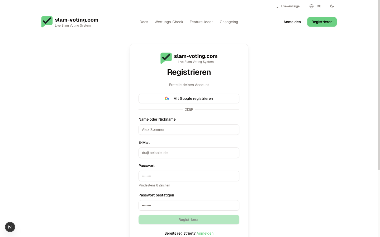 Registrierungsformular auf slam-voting.com