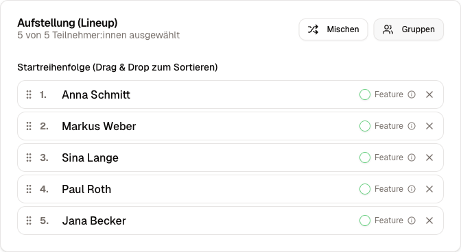 Lineup-Editor mit Startreihenfolge und Feature-Gast-Option