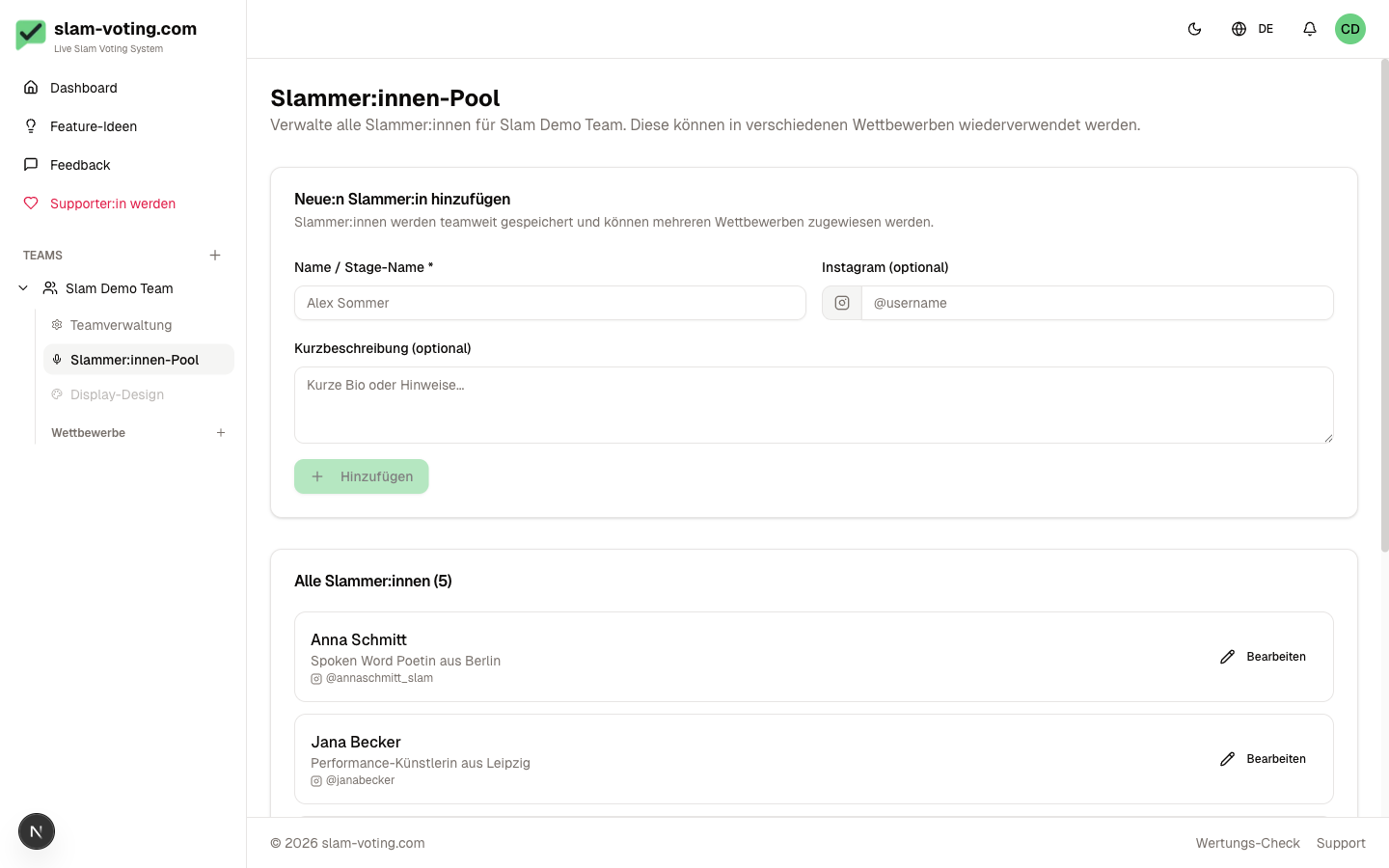 Slammer:innen-Pool mit allen Performer:innen