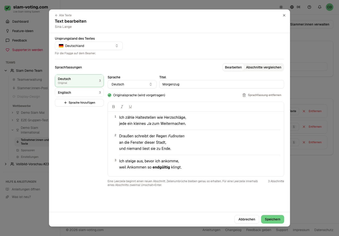 Text with a German and an English version in the editor
