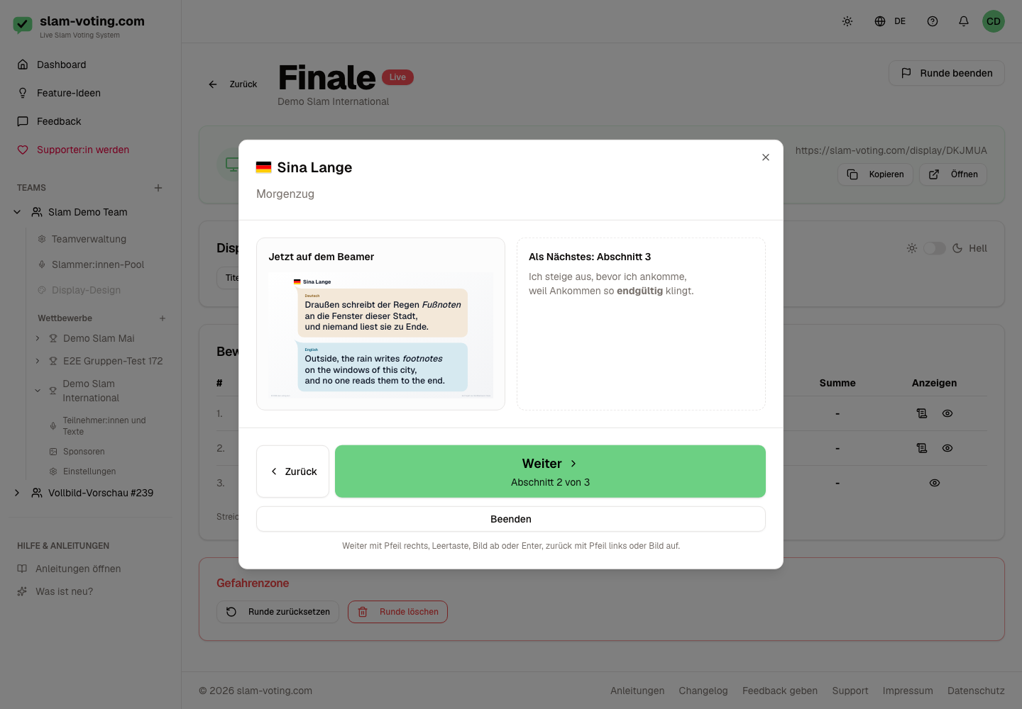 Text control in the live view with preview and Next