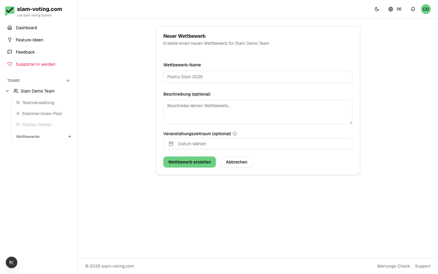 Form for creating a new competition
